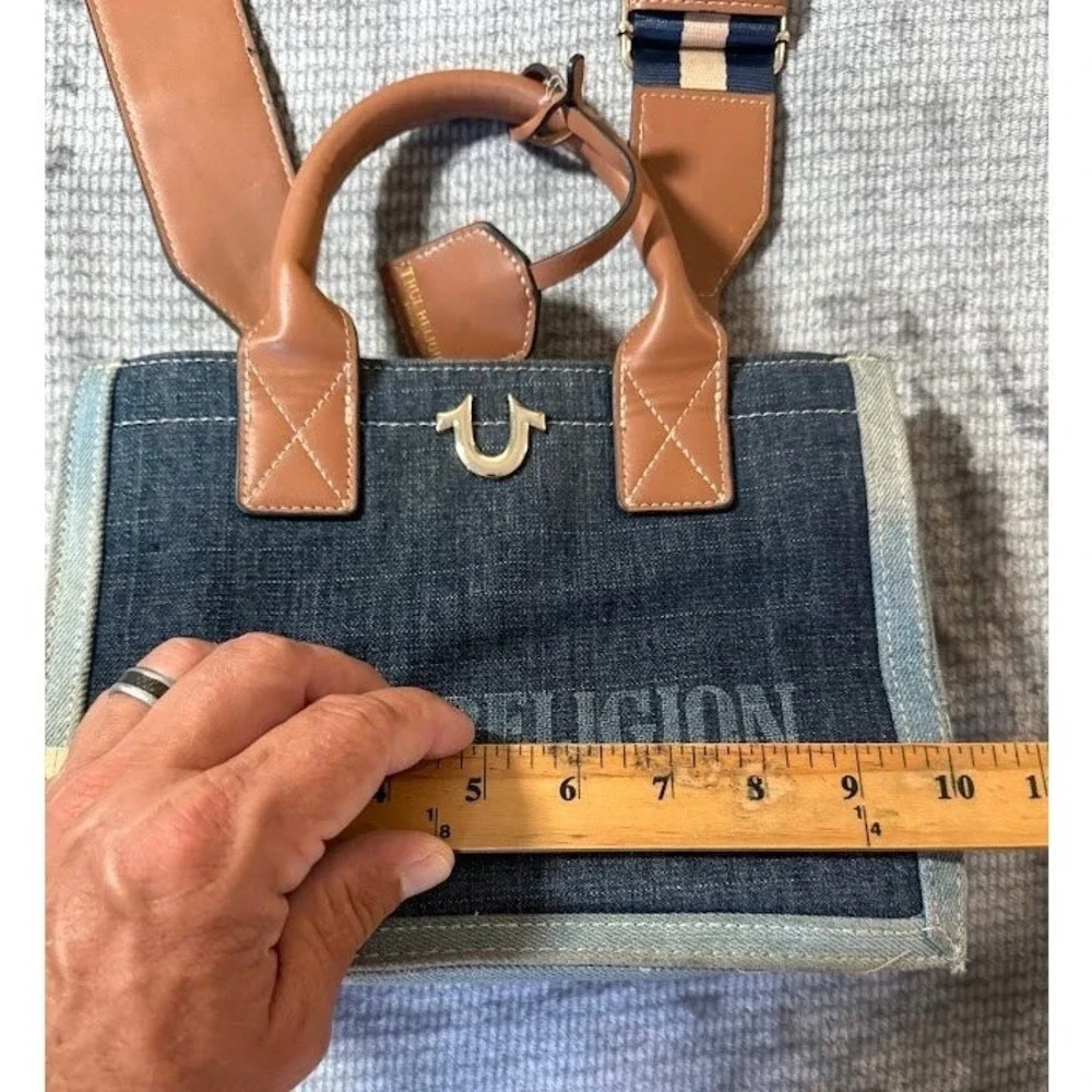 True Religion Denim Mini Tote Bag Crossbody Blue Dark Wash Logo Striped Strap